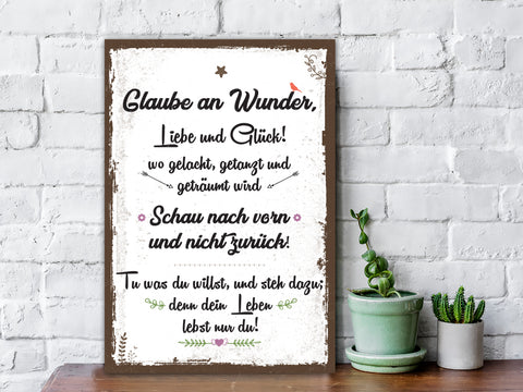 Holzschild Glaube an Wunder, Liebe & Glück