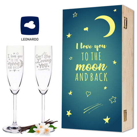 Leonardo Sektgläser "I Love You to the Moon and back" inkl. bedruckter Holzkiste im Set