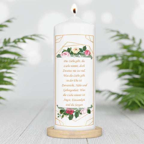 Große Kerze "Rosen" - Hochzeitskerze mit Namen, Datum & Wunschtext