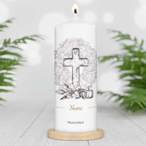 Große Kerze "Vintage Kreuz" - Trauerkerze mit Namen & Wunschtext