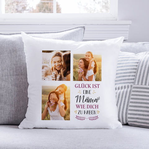 Bedrucktes Kissen mit Spruch Glück ist eine Mama wie dich zu haben & eigenen Fotos