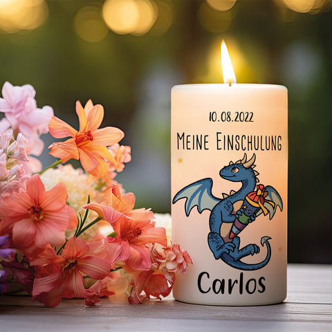 Kleine Kerze "Drache" mit Namen und Datum zur Einschulung