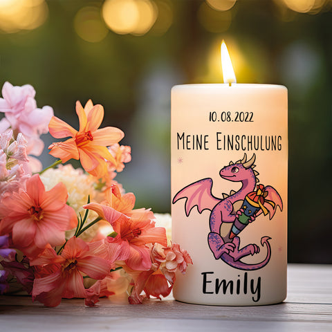Kleine Kerze "Drache" mit Namen und Datum zur Einschulung