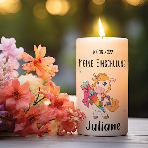 Kleine Kerze "Pferde" mit Namen & Datum zur Einschulung