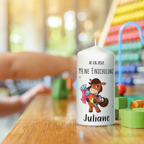Kleine Kerze "Pferde" mit Namen & Datum zur Einschulung