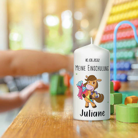 Kleine Kerze "Pferde" mit Namen & Datum zur Einschulung