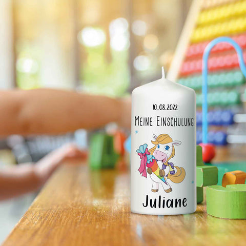 Kleine Kerze "Pferde" mit Namen & Datum zur Einschulung