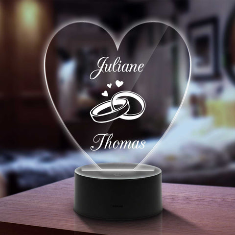 Graviertes Acrylglas im Wedding Design mit LED-Sockel