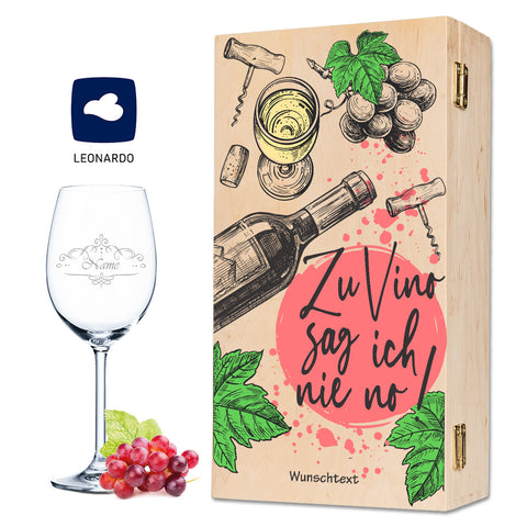 Leonardo Weinglas mit Wunschname Gravur inkl. bedruckter "Zu Vino sag ich nie no" Holzkiste