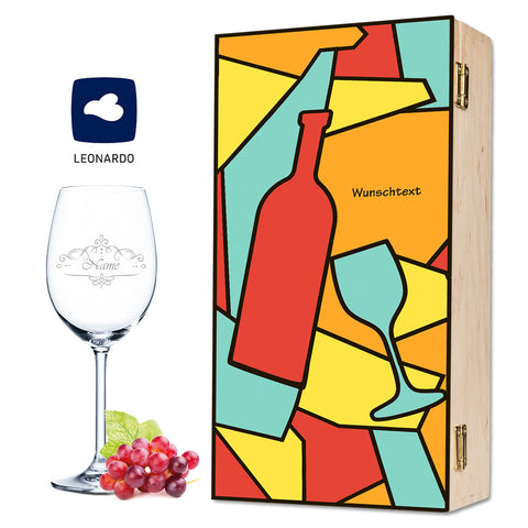 Leonardo Weinglas mit Wunschname Gravur inkl. bedruckter "Mosaik Vino Style" Holzkiste