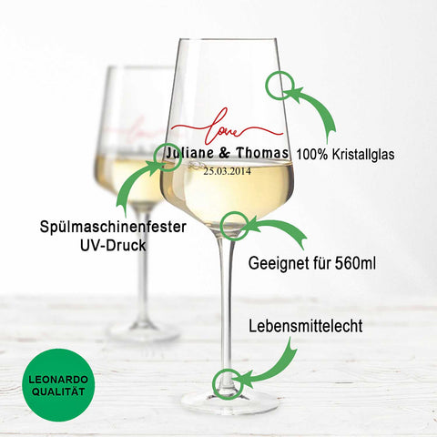 Leonardo Puccini Weißweingläser im Simple Love Design mit Namen & Datum im Set