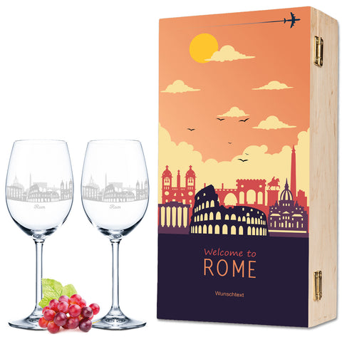 Leonardo Weingläser mit Skyline Rom Gravur als Set inkl. bedruckter Holzkiste