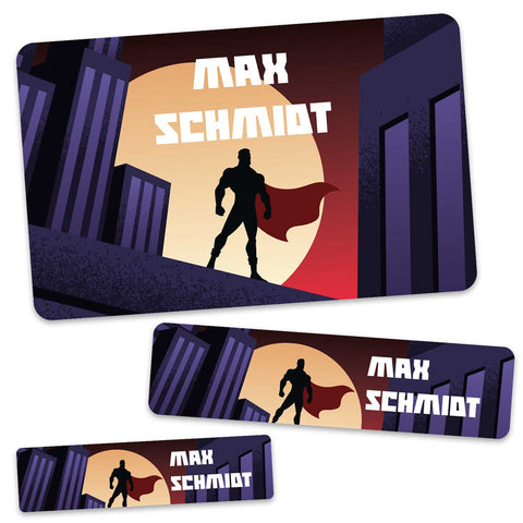 Schuletiketten mit Namen - Superheld Design - 100 Aufkleber in verschiedenen Größen
