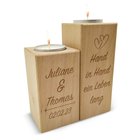 Graviertes Teelichthalter Set aus Holz im "Hand in Hand" Design