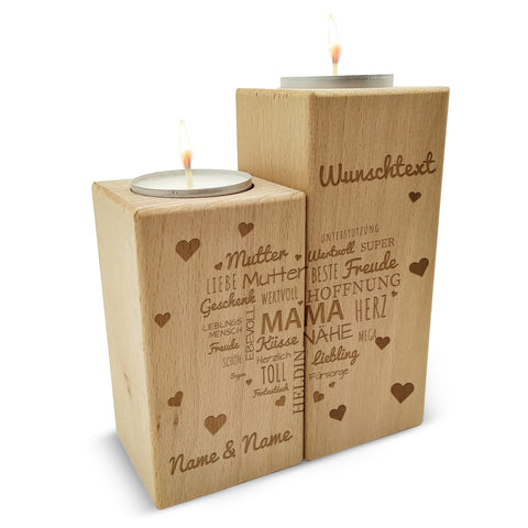Gravierter Teelichthalter aus Holz im Set mit Namensherz Mama Design