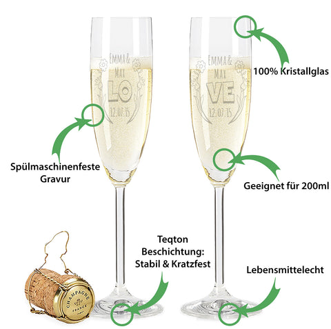 Leonardo Sektgläser mit Gravur im "Rose & Love" Design als Set