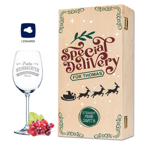 Leonardo Weinglas mit Gravur im "Special Delivery" Design inkl. Holzkiste