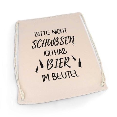 Bedruckter Turnbeutel mit Spruch Bier im Beutel
