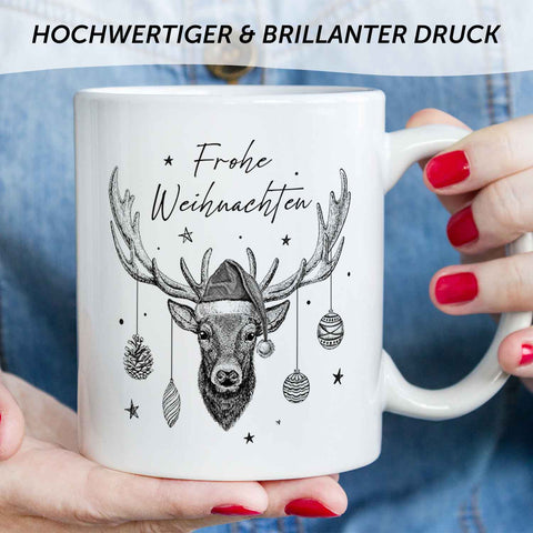 Bedruckte Tasse mit Weihnachtsmotiv im Frohe Weihnachten Elch Design