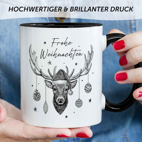 Bedruckte Tasse mit Weihnachtsmotiv im Frohe Weihnachten Elch Design