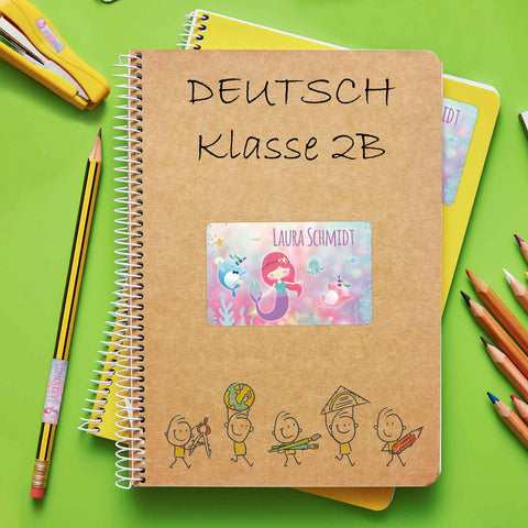 Schuletiketten mit Namen - Meerjungfrau Design - 100 Aufkleber in verschiedenen Größen
