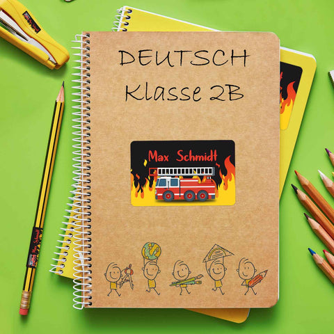 Schuletiketten mit Namen - Feuerwehr Design - 100 Aufkleber in verschiedenen Größen