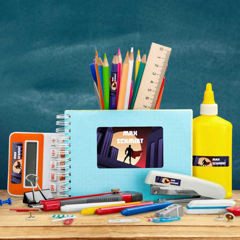 Schuletiketten mit Namen - Superheld Design - 100 Aufkleber in verschiedenen Größen