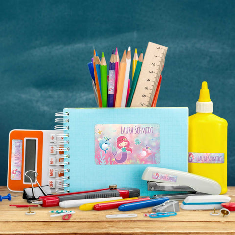 Schuletiketten mit Namen - Meerjungfrau Design - 100 Aufkleber in verschiedenen Größen