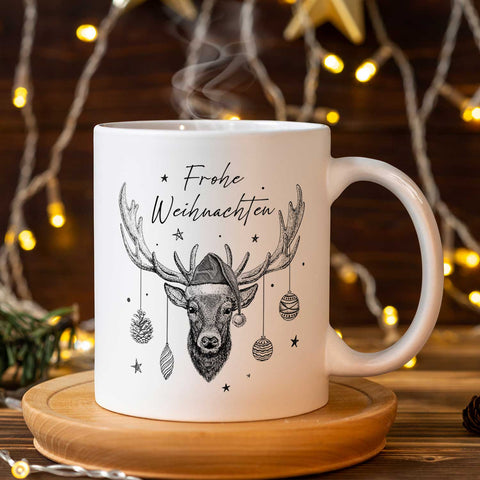 Bedruckte Tasse mit Weihnachtsmotiv im Frohe Weihnachten Elch Design