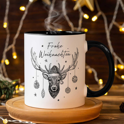 Bedruckte Tasse mit Weihnachtsmotiv im Frohe Weihnachten Elch Design