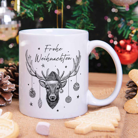 Bedruckte Tasse mit Weihnachtsmotiv im Frohe Weihnachten Elch Design