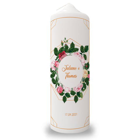 Große Kerze "Rosen" - Hochzeitskerze mit Namen, Datum & Wunschtext
