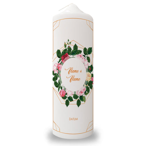 Große Kerze "Rosen" - Hochzeitskerze mit Namen, Datum & Wunschtext