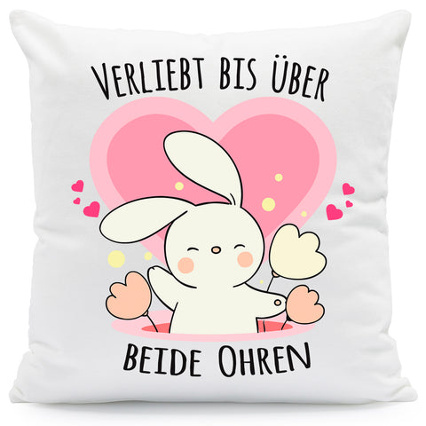 Bedrucktes Kissen mit Spruch Verliebt bis über beide Ohren