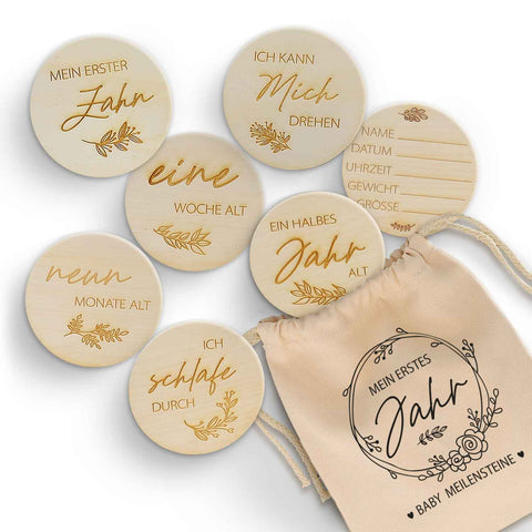 Gravierte Meilensteinkarten aus Holz - Mein erstes Jahr - mit Stoffbeutel als Geschenk