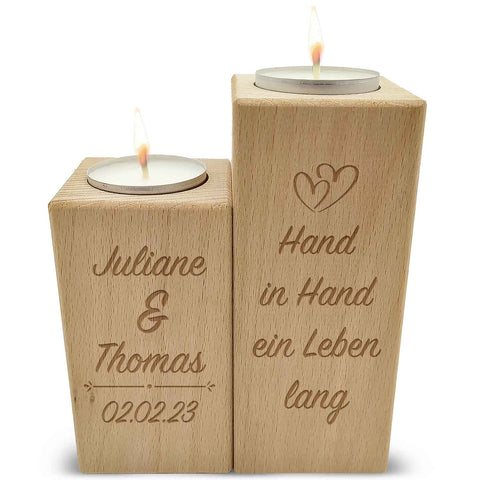 Graviertes Teelichthalter Set aus Holz im "Hand in Hand" Design