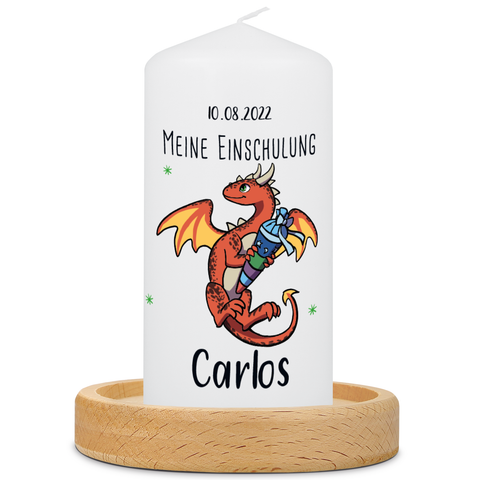 Kleine Kerze "Drache" mit Namen und Datum zur Einschulung