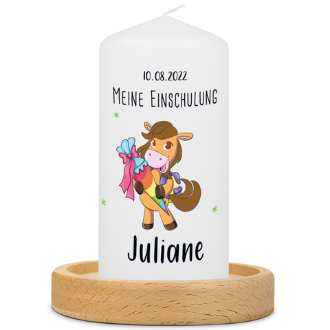 Kleine Kerze "Pferde" mit Namen & Datum zur Einschulung