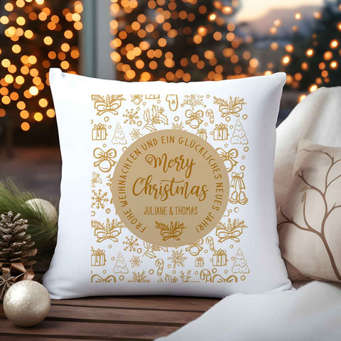 Kissen mit Weihnachtsmotiv und Name - Merry Christmas Brown - Weihnachtsdeko - Für Sie & Ihn