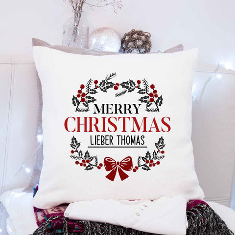 Kissen mit Weihnachtsmotiv und Name - Merry Christmas Kranz - Weihnachtsdeko - Für Frauen & Männer