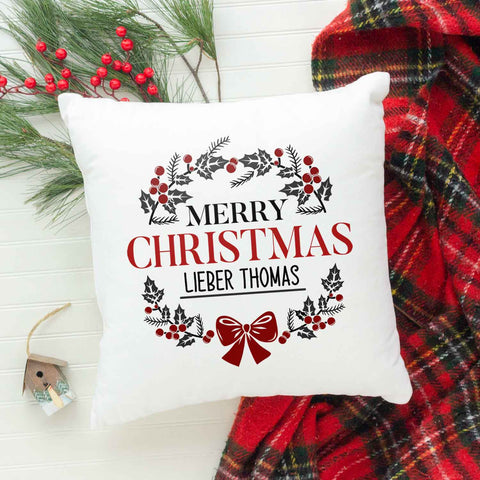 Kissen mit Weihnachtsmotiv und Name - Merry Christmas Kranz - Weihnachtsdeko - Für Frauen & Männer