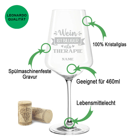Leonardo Weinglas mit Gravur "Wein ist billiger als Therapie"
