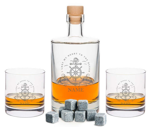 Leonardo Whiskygläser mit Gravur - "Heart to the ocean" im Set mit 0,5l Karaffe