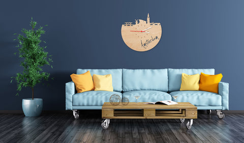 Wanduhr aus Holz Skyline Amsterdam Wohnzimmer
