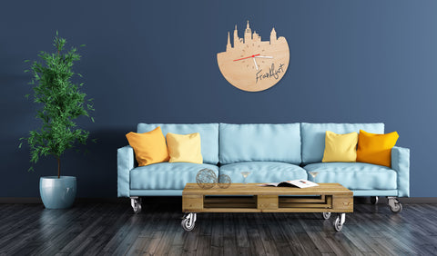 Wanduhr aus Holz Skyline Frankfurt Wohnzimmer