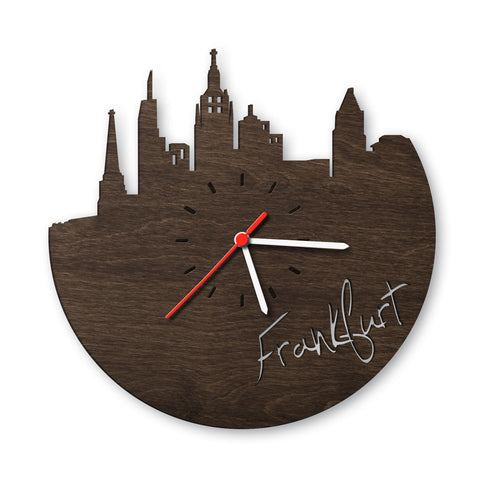 Wanduhr aus Holz Skyline Frankfurt Eiche geräuchert