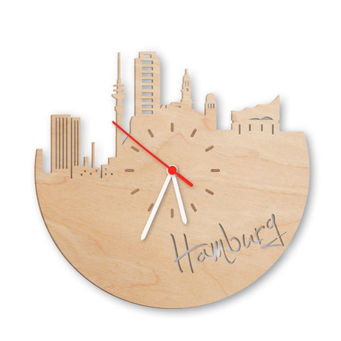 Wanduhr aus Holz Skyline Hamburg