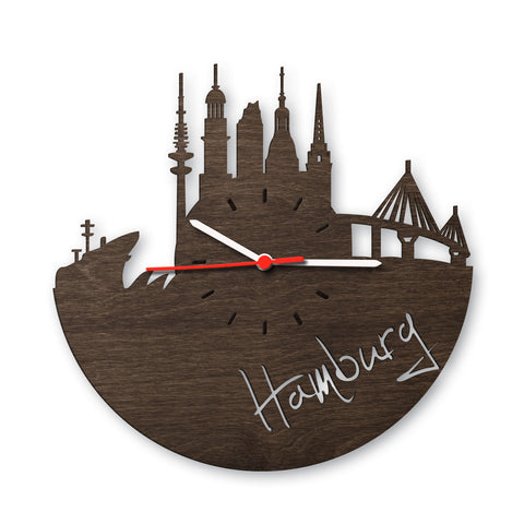 Wanduhr aus Holz Skyline Hamburg 2016 Eiche geräuchert