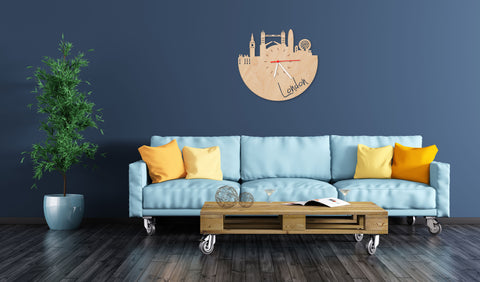 Wanduhr aus Holz Skyline London Wohnzimmer