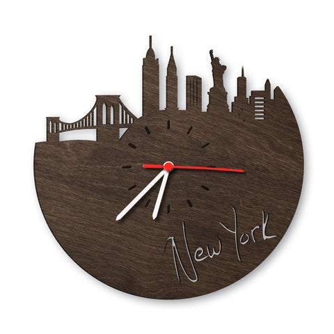Wanduhr aus Holz Skyline New York Eiche geräuchert
